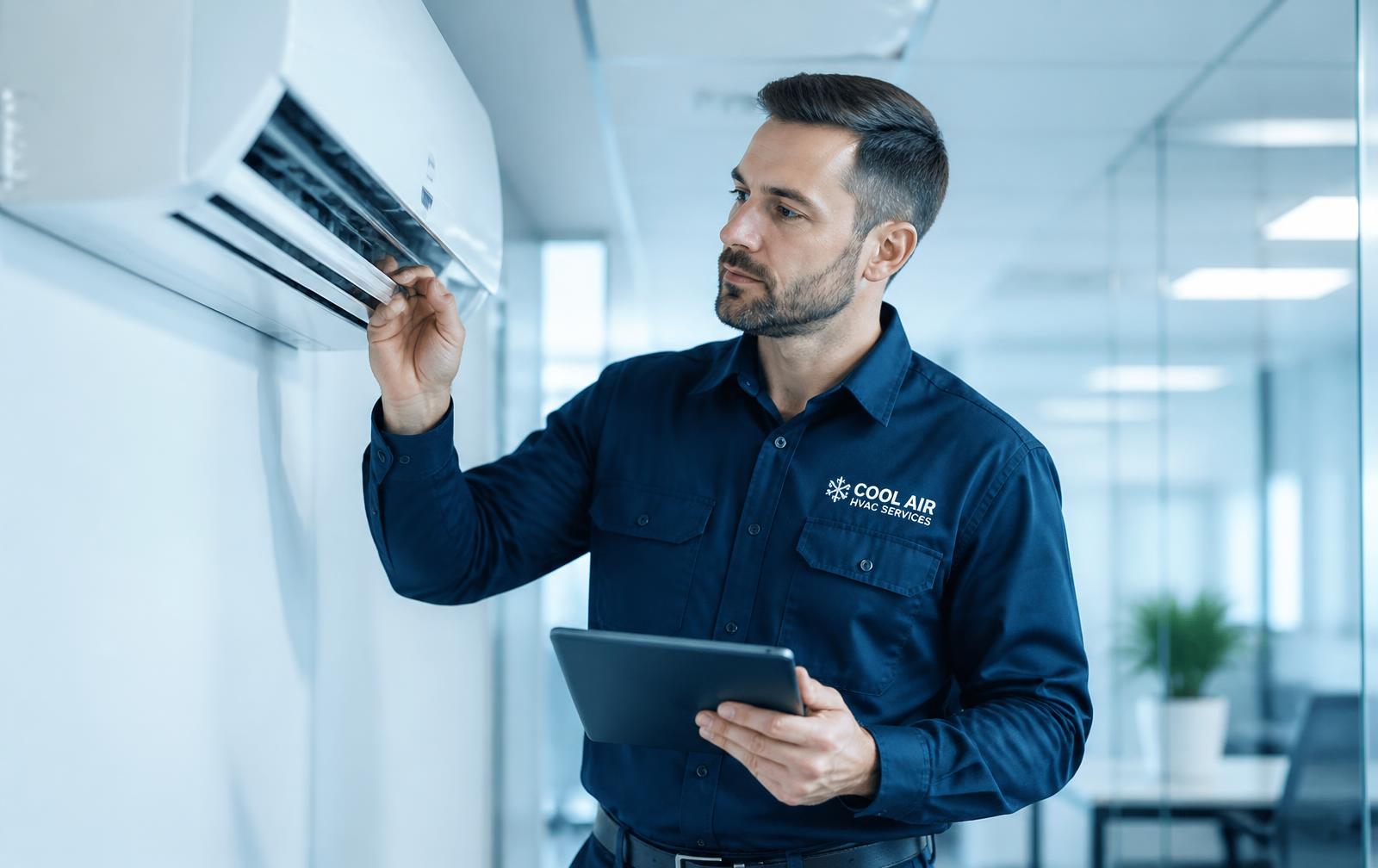 Técnico de climatização realizando manutenção em ar-condicionado split